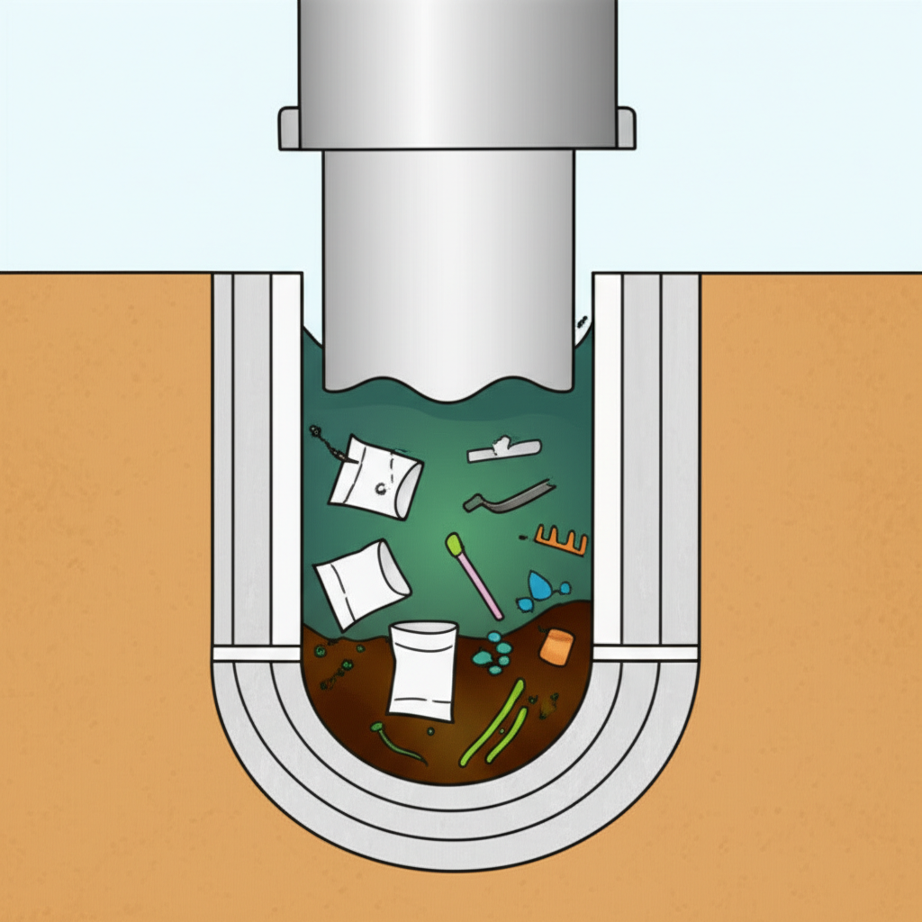 Ilustração de uma tubulação entupida com papel higiênico e outros resíduos, mostrando o impacto negativo no sistema de esgoto.