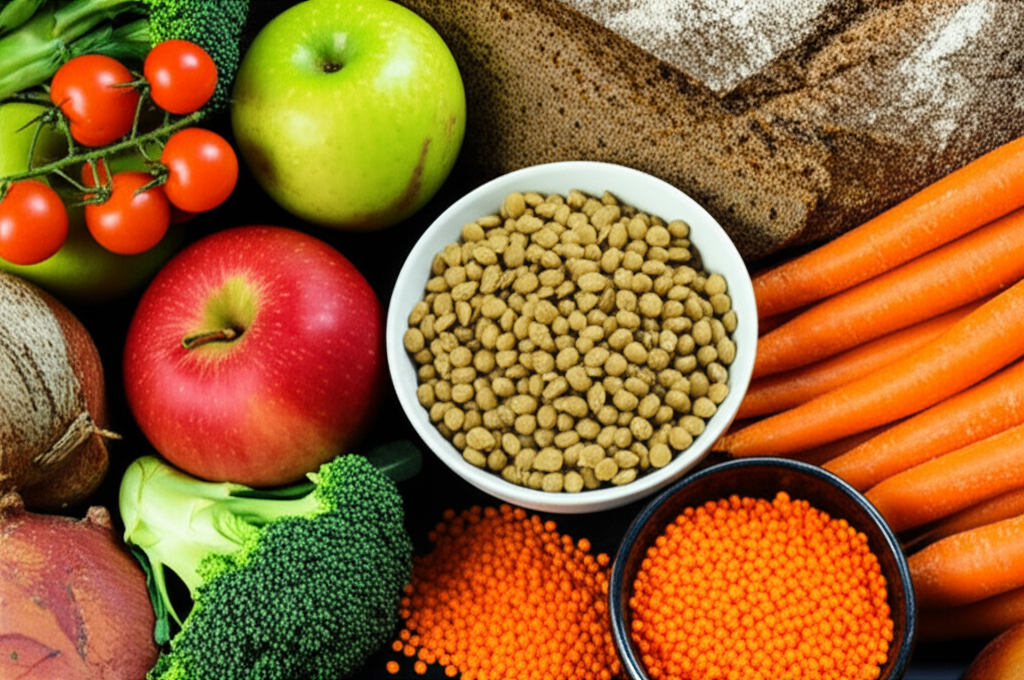 Imagem de uma variedade de alimentos ricos em fibras, como frutas, verduras, legumes e grãos integrais, destacando a importância de uma dieta equilibrada para a saúde intestinal.