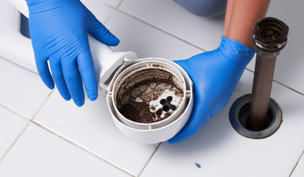 Uma pessoa realizando a manutenção preventiva de um ralo de banheiro, verificando o sifão e limpando os resíduos.