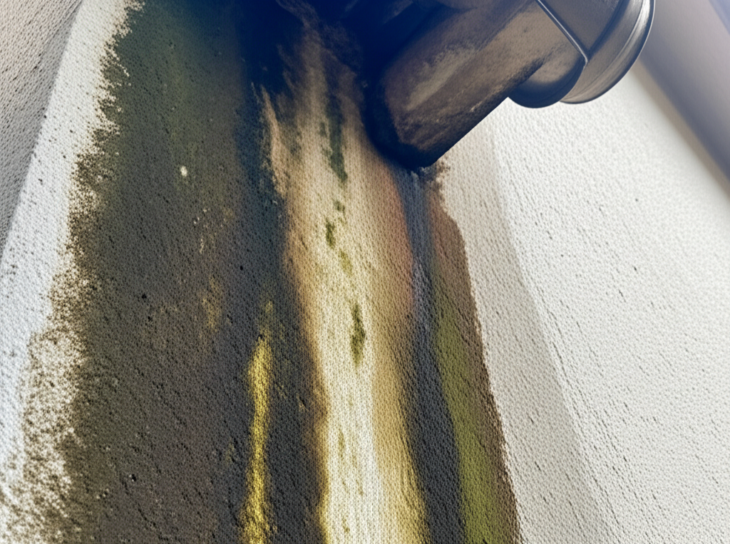 Infiltração na parede de uma casa, resultado de calhas entupidas e transbordamento de água.