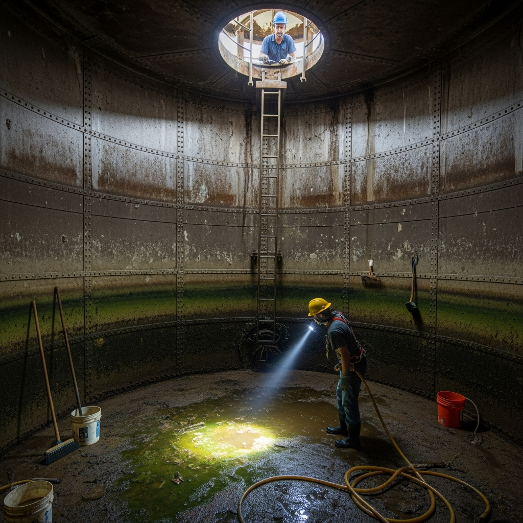 Caixa d'água antiga sendo inspecionada durante a limpeza, mostrando a importância da manutenção para a qualidade da água.