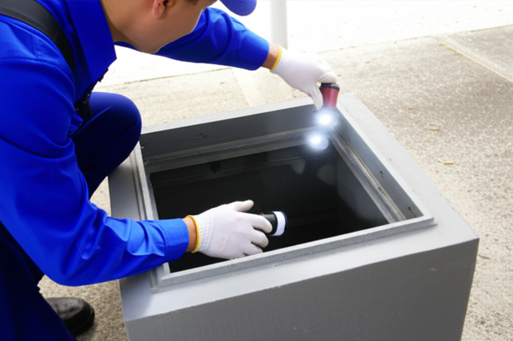 Um profissional inspecionando uma caixa de gordura, procurando sinais de obstrução e necessidade de limpeza.