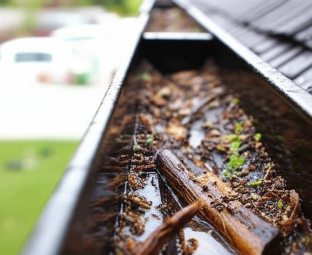 Inspeção de calha revelando sinais de entupimento, como água empoçada e detritos visíveis.