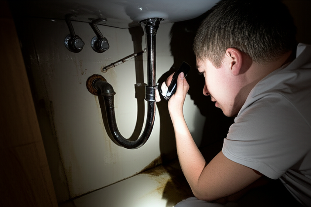 Uma pessoa inspecionando cuidadosamente o encanamento sob a pia do banheiro com uma lanterna.