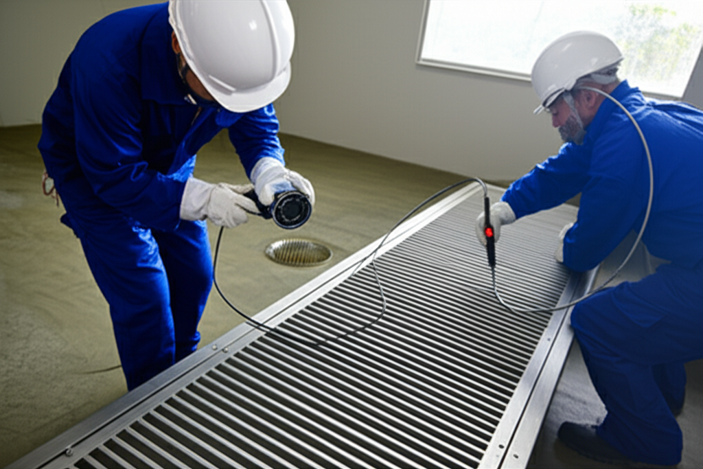 Profissional realizando inspeção preventiva em um ralo com uma câmera.