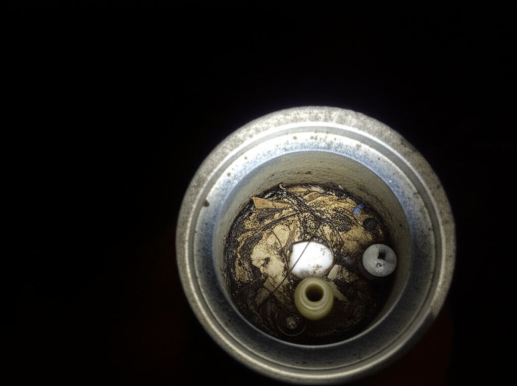 Inspeção de ralo com lanterna, revelando acúmulo de resíduos e sujeira que indicam necessidade de limpeza.