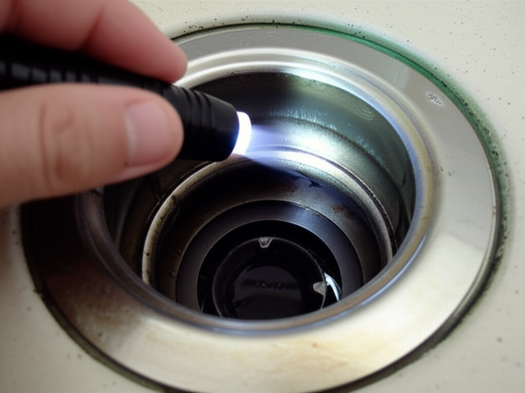 Inspeção de um ralo com uma lanterna, buscando sinais de sujeira ou obstrução.