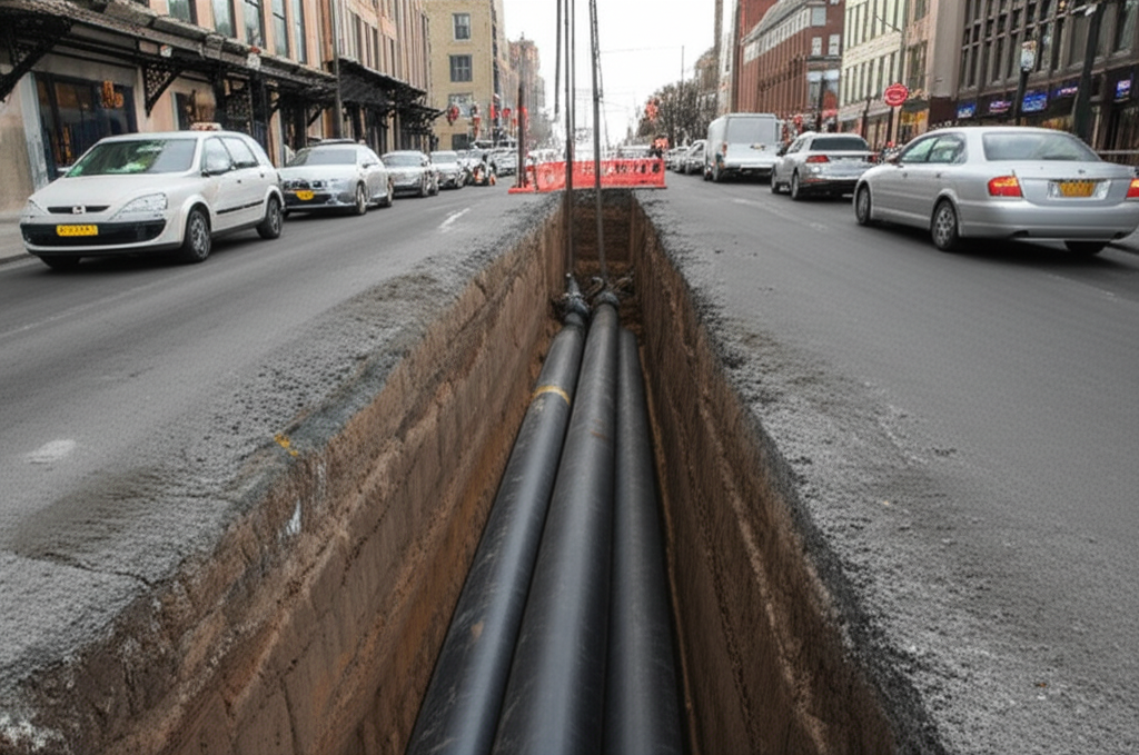 Tubos de ferro fundido sendo instalados em uma área de grande tráfego.