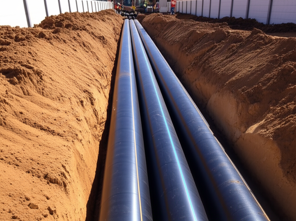 Tubos de PEAD sendo instalados em uma rede de esgoto subterrânea.