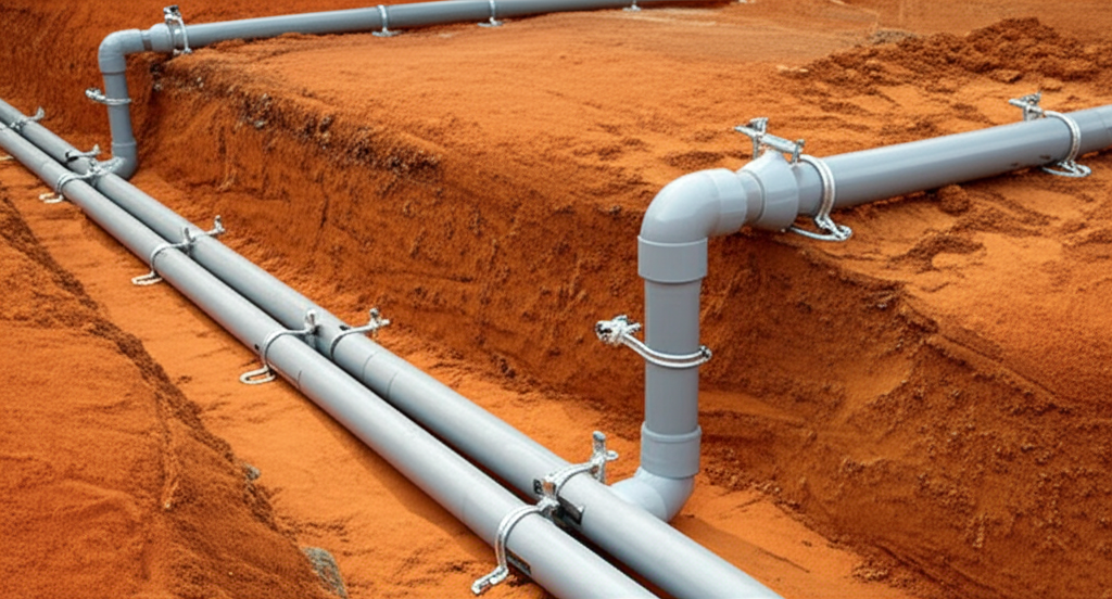 Tubos de PVC sendo instalados em um sistema de esgoto residencial.