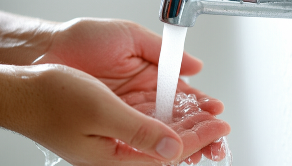 Mãos lavando com água corrente, simbolizando a ação imediata em caso de contato com soda cáustica.