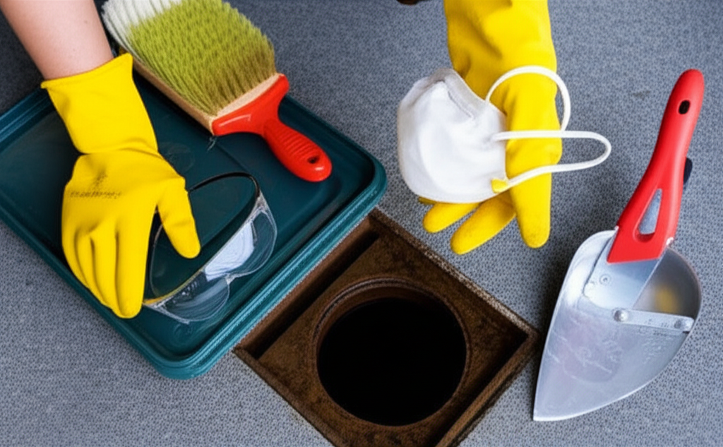 Passo a passo ilustrado de como limpar uma caixa de gordura transbordada, incluindo o uso de equipamentos de proteção e ferramentas adequadas.