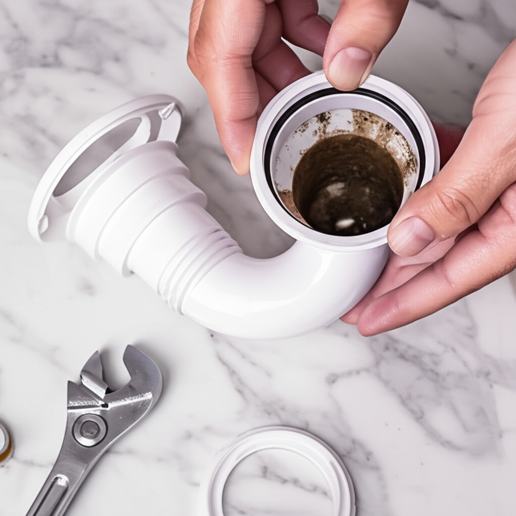 Desmontagem e limpeza manual de um sifão para remover resíduos acumulados.