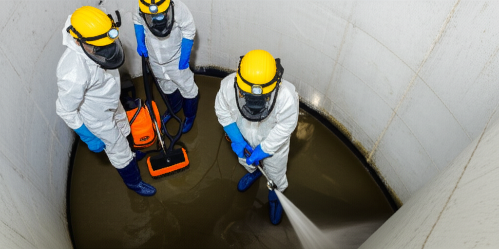 Equipe de profissionais realizando a limpeza de um reservatório de água, utilizando equipamentos de proteção individual (EPIs) e ferramentas adequadas.
