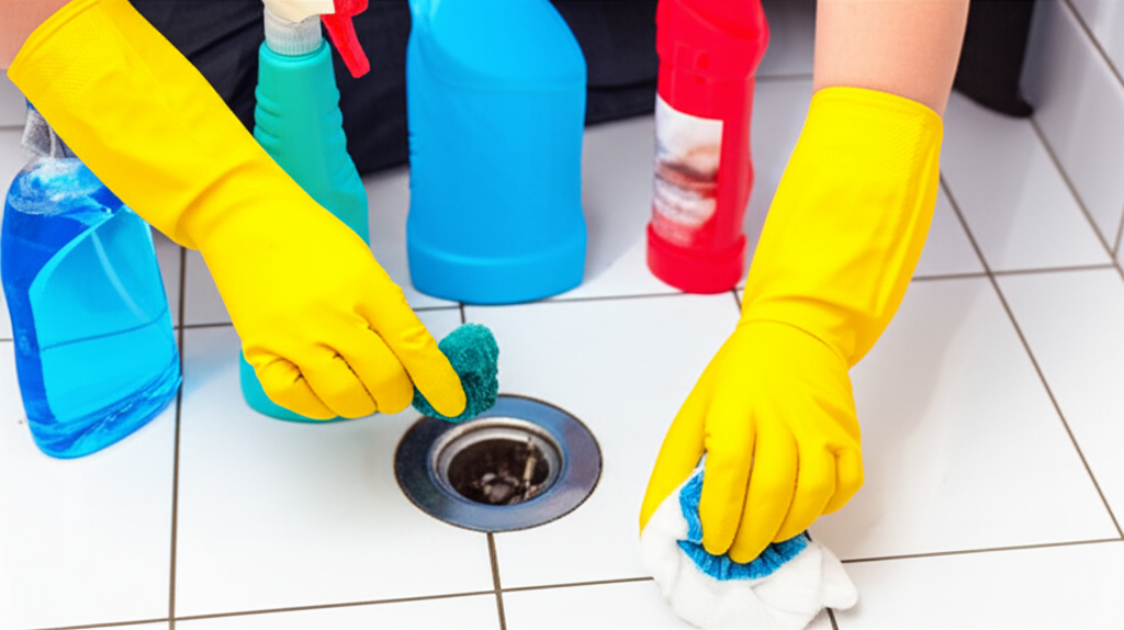 Uma pessoa limpando um ralo de banheiro com luvas e produtos de limpeza.