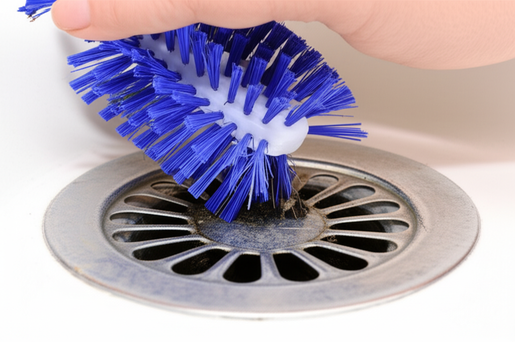 Mãos limpando um ralo de banheiro com uma escova, representando a manutenção preventiva para evitar o cheiro de esgoto.