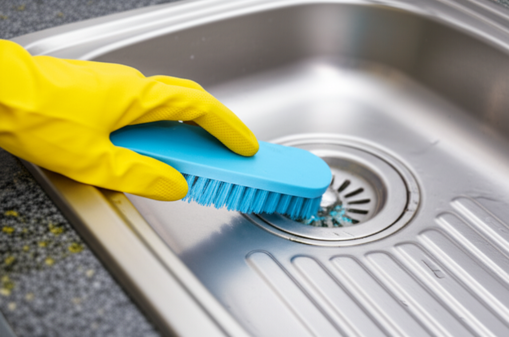 Mulher limpando um ralo com uma escova, como parte da rotina de manutenção preventiva.