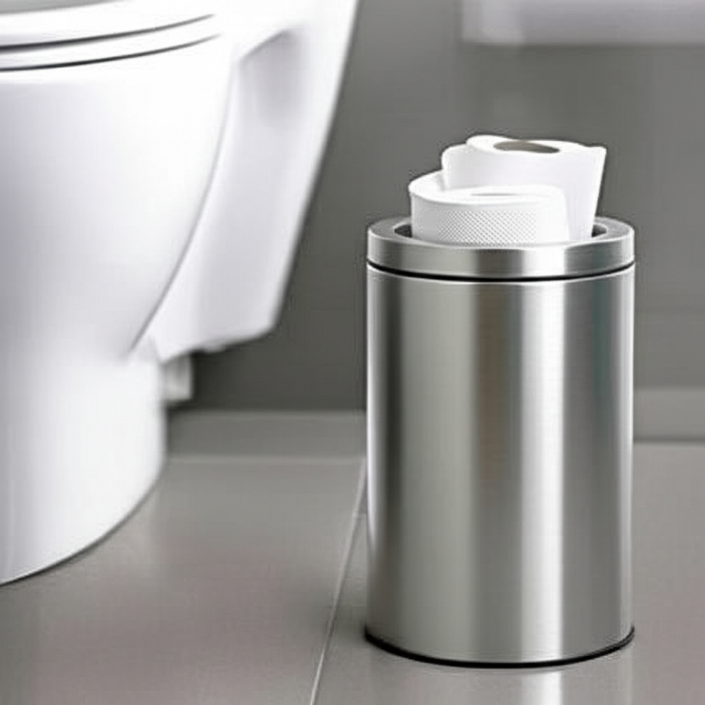 Lixeira ao lado do vaso sanitário para descarte adequado de papel higiênico e outros resíduos.