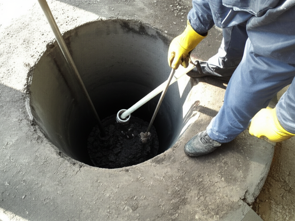 Profissional realizando a manutenção de uma fossa séptica, mostrando a remoção do lodo acumulado e a inspeção das tubulações.