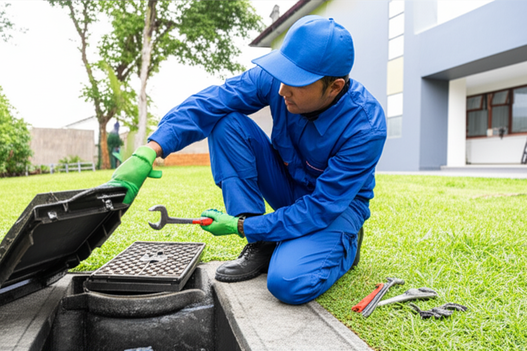 Realização de manutenção preventiva em sistema de esgoto residencial.
