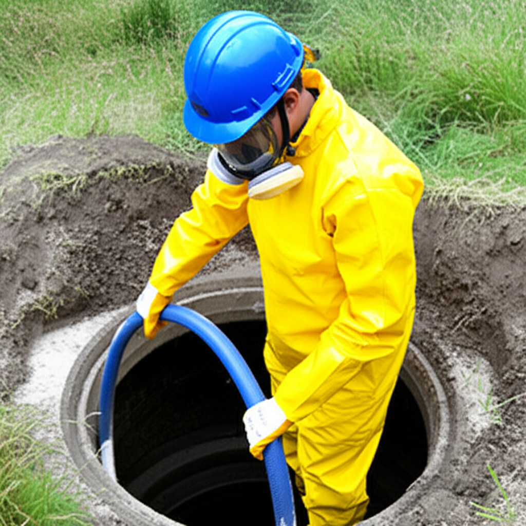 Profissional realizando a manutenção de uma fossa séptica, utilizando equipamentos de proteção e ferramentas adequadas.