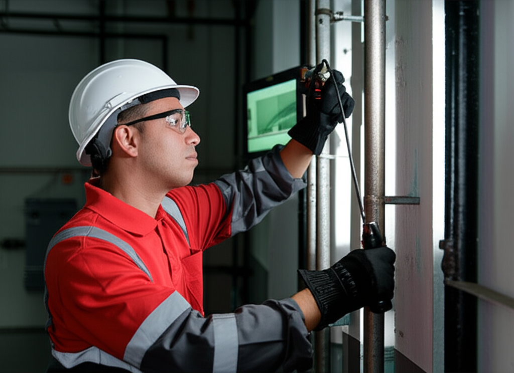 Imagem ilustrativa de um profissional realizando a manutenção preventiva em uma prumada, utilizando equipamentos de inspeção.