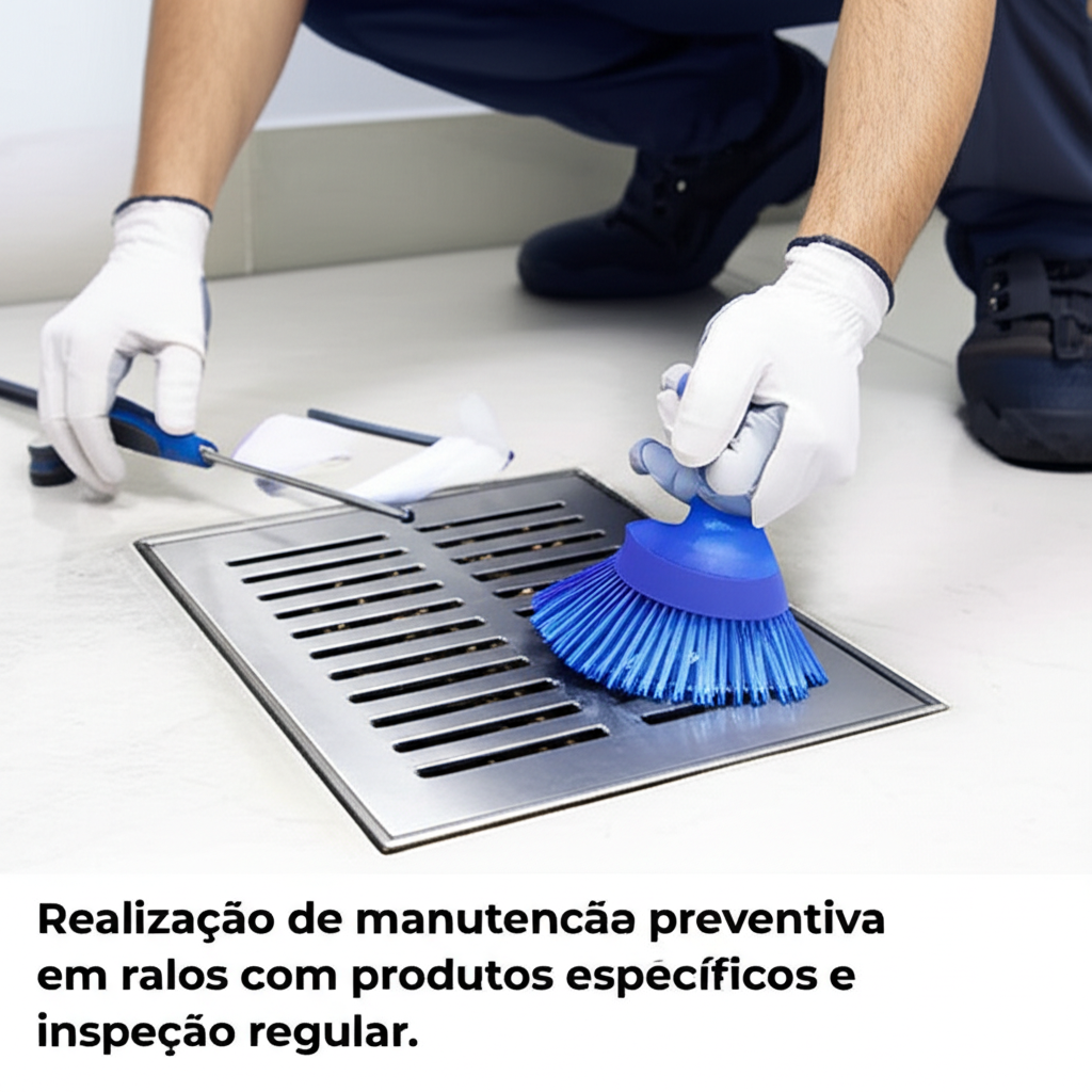 Realização de manutenção preventiva em ralos com produtos específicos e inspeção regular.