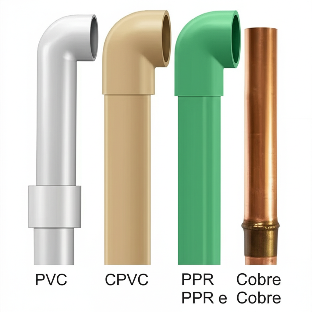 Comparativo visual dos materiais mais comuns utilizados em prumadas: PVC, CPVC, PPR e Cobre.
