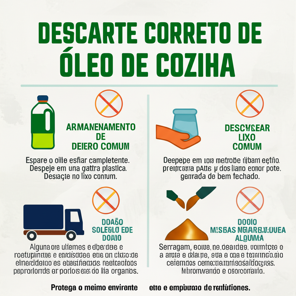 Infográfico mostrando diferentes métodos de descarte correto de óleo de cozinha.