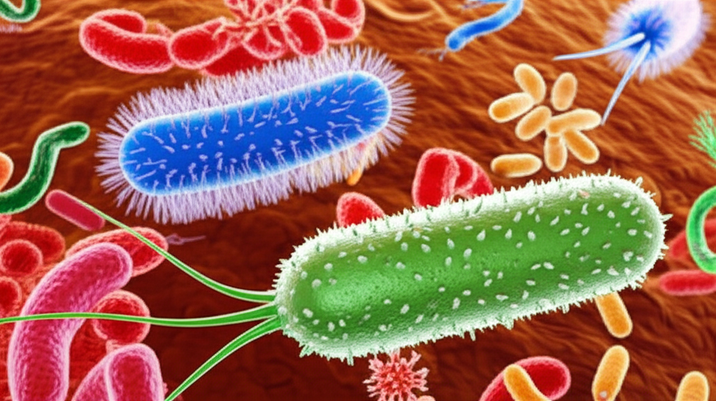 Ilustração de microrganismos patogênicos presentes na água contaminada, como bactérias, vírus e protozoários.