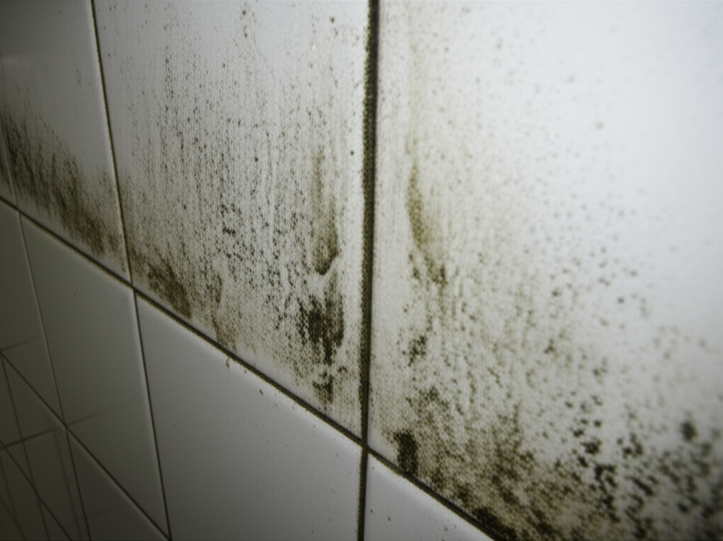 Mofo nas paredes do banheiro, causado pela umidade excessiva e falta de ventilação.