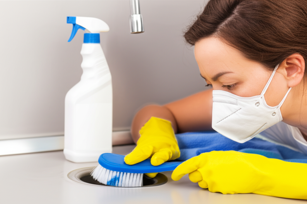 Mulher usando luvas e máscara para limpar ralo de pia com escova e produto de limpeza adequado.