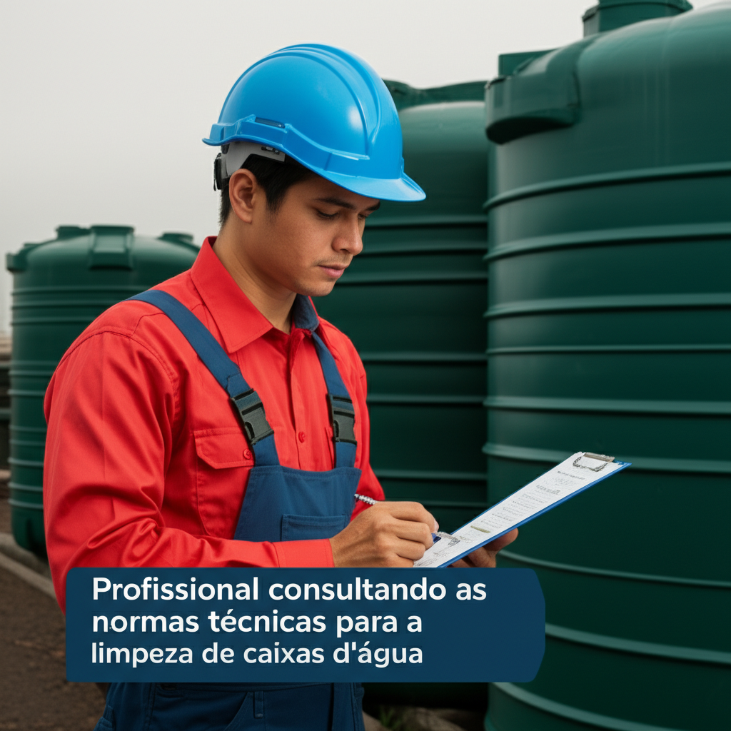 Profissional consultando as normas técnicas para a limpeza de caixas d'água.