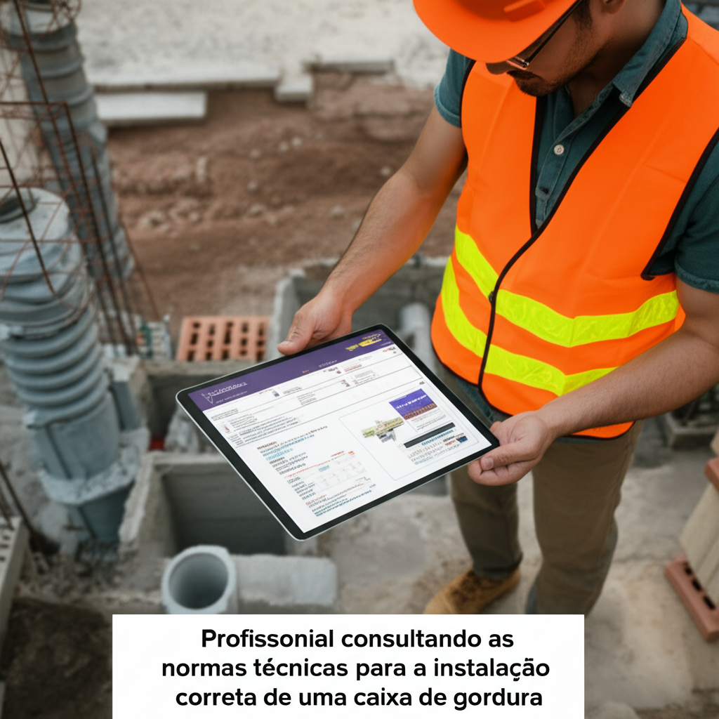 Profissional consultando as normas técnicas para a instalação correta de uma caixa de gordura.
