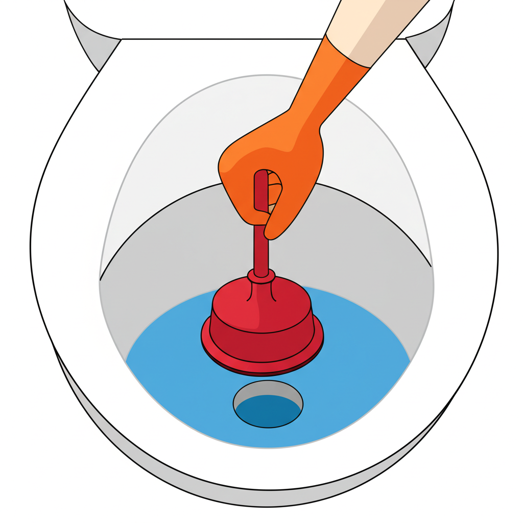 Ilustração detalhada do passo a passo de como utilizar corretamente um desentupidor de borracha para desentupir um vaso sanitário.