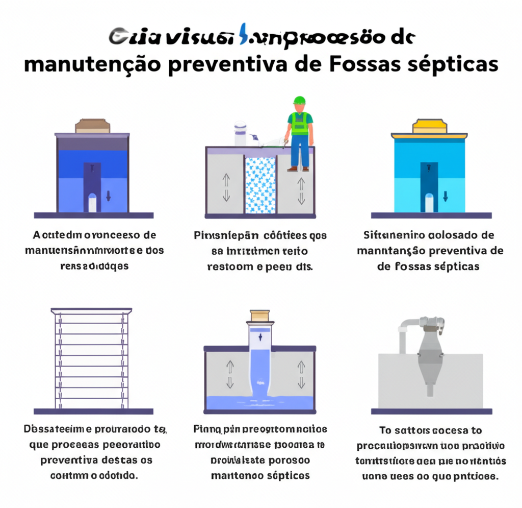 Guia visual do processo de manutenção preventiva de fossas sépticas, destacando cada etapa.