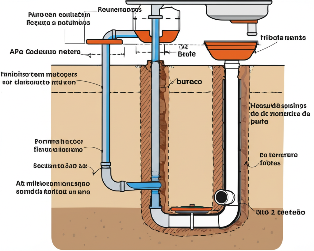 Ilustração do passo a passo da instalação de uma caixa de gordura de PVC, mostrando as conexões com a tubulação e o nivelamento do terreno.