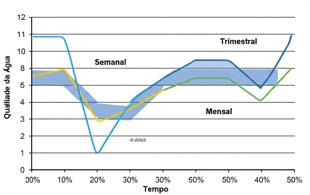 Gráfico ilustrando a relação entre a frequência da limpeza do reservatório e a qualidade da água ao longo do tempo.