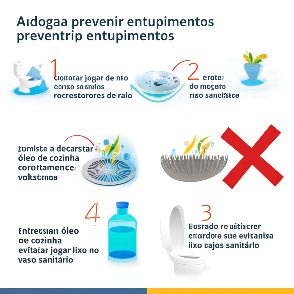 Infográfico com dicas de prevenção de entupimentos, incluindo o descarte correto de resíduos e a manutenção regular.