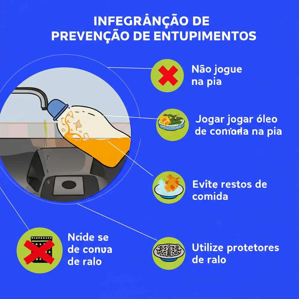 Infográfico com dicas de prevenção de entupimentos, como evitar jogar óleo e restos de comida na pia, e utilizar protetores de ralo.