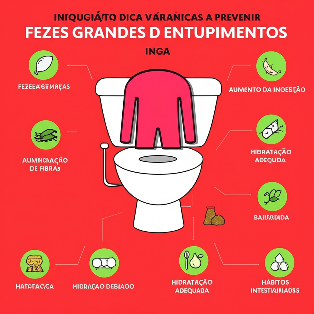 Infográfico com dicas práticas para prevenir fezes grandes e entupimentos, incluindo aumento da ingestão de fibras, hidratação adequada e hábitos intestinais saudáveis.
