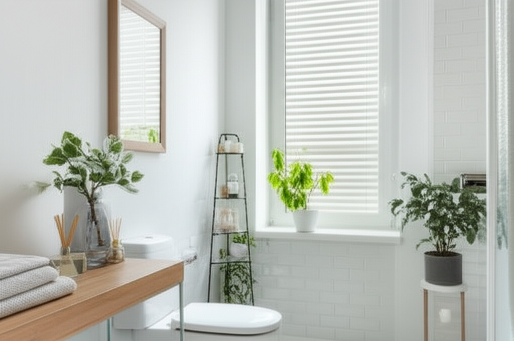 Imagem de um banheiro limpo e bem ventilado, com plantas e elementos decorativos que ajudam a manter o ambiente fresco.