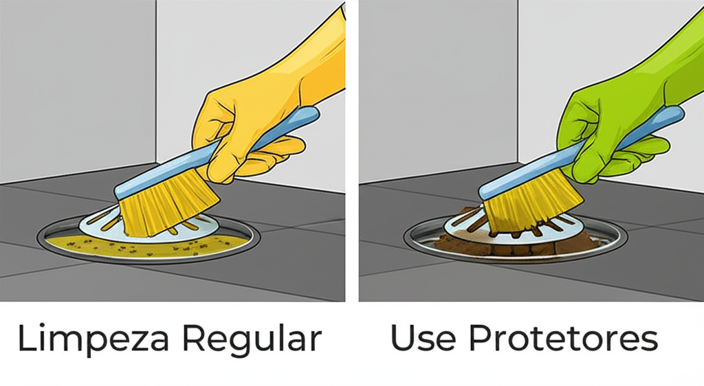 Imagem ilustrando hábitos de higiene que ajudam a prevenir o mau cheiro no ralo, como a limpeza regular e o uso de protetores de ralo.