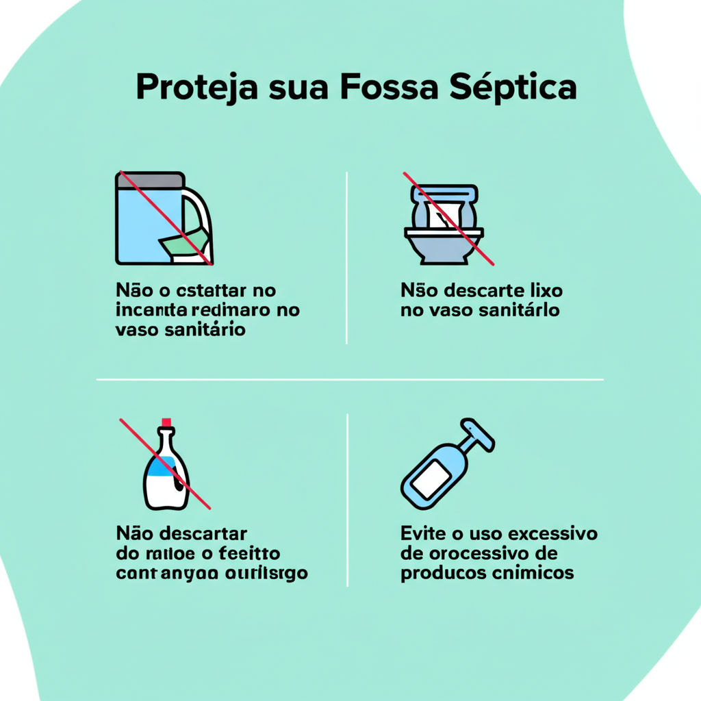 Infográfico com dicas de como evitar problemas com a fossa séptica, como não descartar lixo no vaso sanitário e evitar o uso excessivo de produtos químicos.
