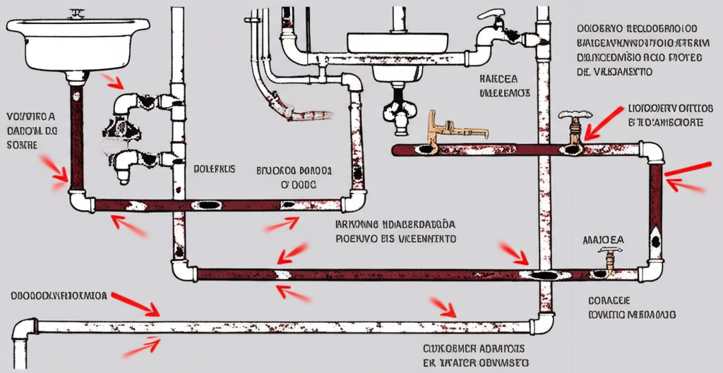 Desenho esquemático mostrando as diferentes partes do sistema de encanamento de um banheiro antigo e possíveis pontos de vazamento.