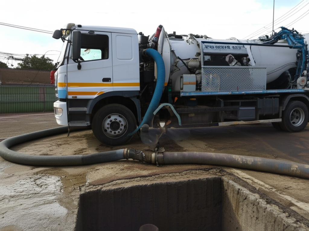 Caminhão equipado com bomba de sucção realizando a limpeza de uma fossa.