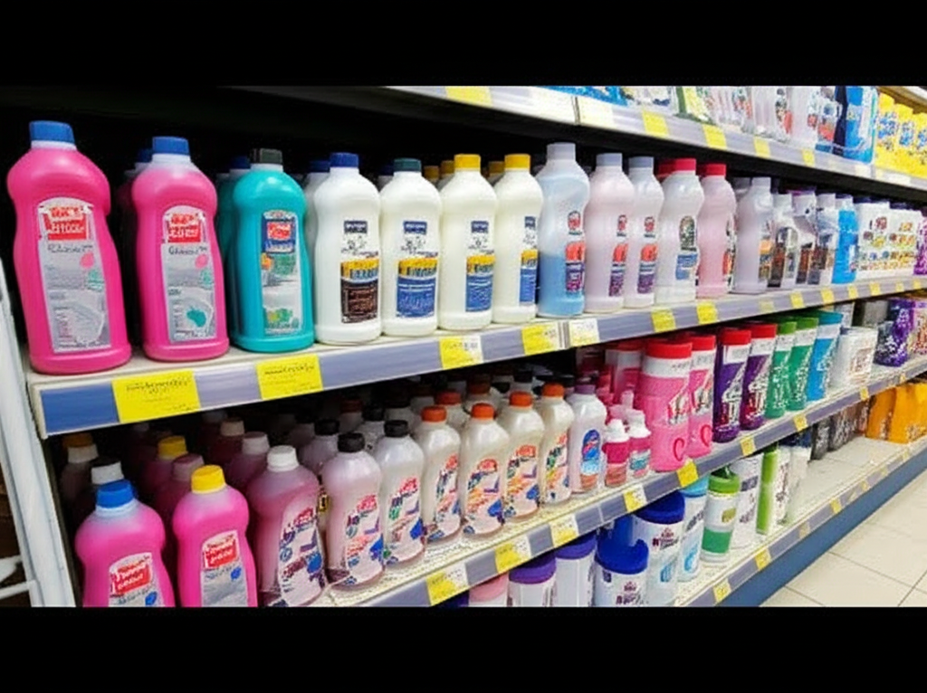 Diversos produtos para desentupir vasos sanitários alinhados em uma prateleira, mostrando variedade de marcas e tipos.