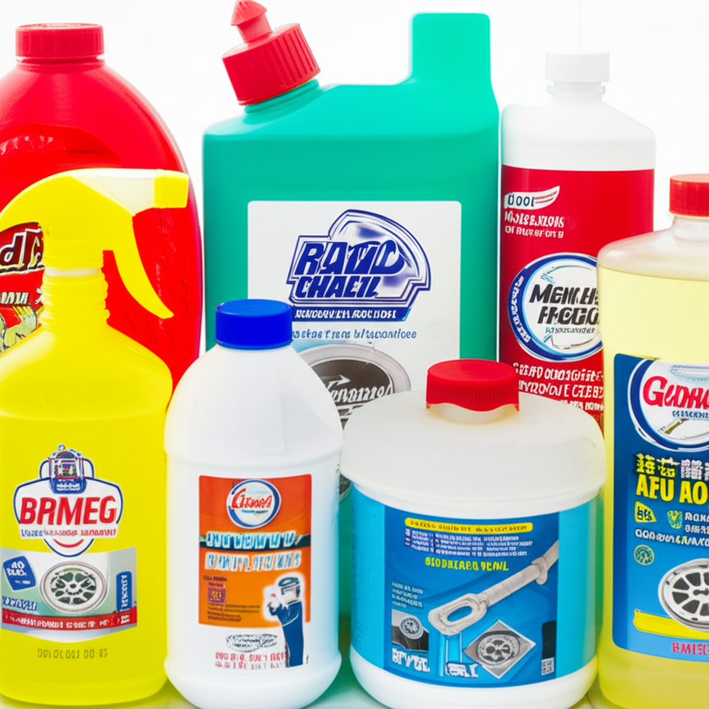 Foto de diversos produtos de limpeza para ralos, destacando suas embalagens e indicações de uso.