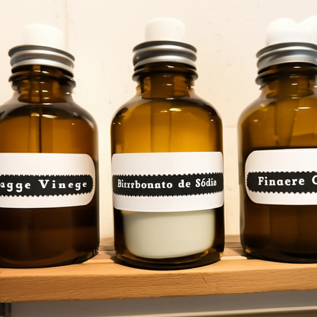 Frascos de vinagre, bicarbonato de sódio e óleos essenciais em uma prateleira de banheiro.