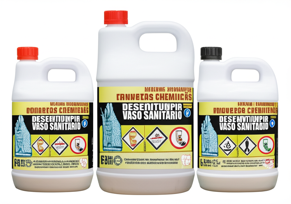Frascos de diferentes produtos químicos para desentupir vaso sanitário, com rótulos indicando precauções de uso.